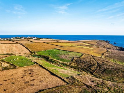 Cornwall fields and farms from a drone, Lizard Peninsula, South West Coast Path, Lizard, Cornwall,