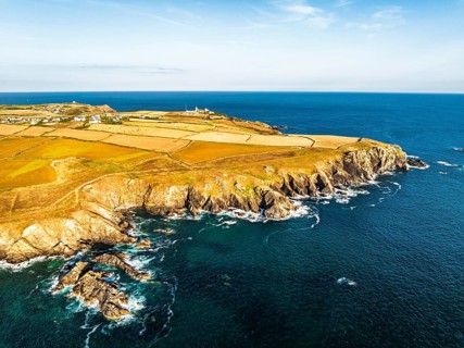 Lizard Peninsula cliffs from a drone, South West Coast Path, Lizard, Cornwall, England, United