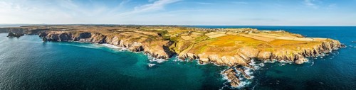 Panorama of Lizard Peninsula cliffs from a drone, South West Coast Path, Lizard, Cornwall, England,