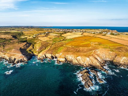 Lizard Peninsula cliffs from a drone, South West Coast Path, Lizard, Cornwall, England, United