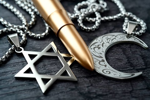 Rifle cartridge between chains with Star of David and crescent, symbolic photo Middle East and Gaza