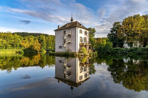The Trappenseeschlösschen in the Trappensee in Heilbronn, Baden-Württemberg, Germany