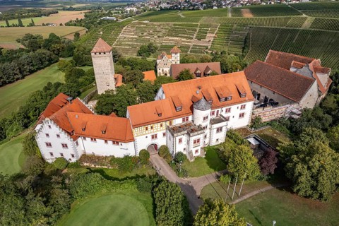 Liebenstein Castle near Neckarwestheim seen from the air, Baden-Württemberg, Germany
