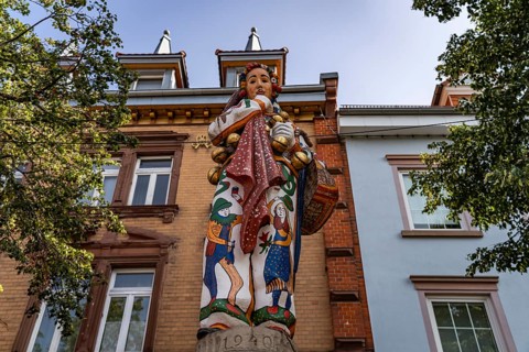 Hansel, historical figure of the Donaueschingen Fasnach on the Hansel fountain in Donaueschingen,