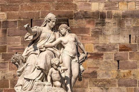 Group of figures of Mother Baar at the source of the Danube in Donaueschingen, Baden-Württemberg,