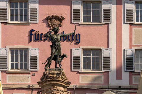 Diana statue by sculptor Wilhelm Sauer in front of the Fürstenberg Bräustüble in Donaueschingen,