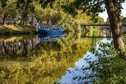 Boat on the Neckar in Heilbronn, Baden-Württemberg, Germany