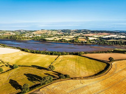 Farms and Fields over River Teign and Teignmouth Road from drone, Newton Abbot, Devon, England,