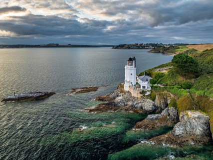 St Anthony Lighthouse from drone, Roseland peninsula, Head circular walk, Cornwall, UK