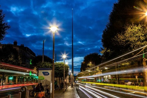 Traces of light at the blue hour, The Spire, Monument of Light, O'Connell Street, Dublin, Ireland
