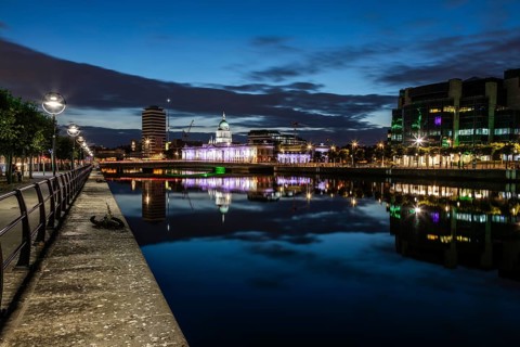 Buildings reflected in the River Liffey, night shot, Dublin, Ireland
