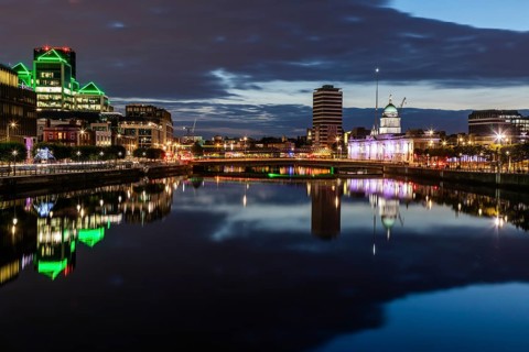 Buildings reflected in the River Liffey, night shot, Dublin, Ireland