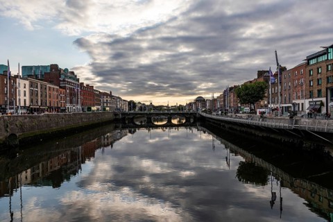 Cloudy mood at the river Liffey, reflection, Dublin, Ireland