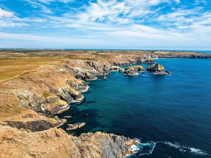 Kynance Cove from a drone, Mount's Bay, Lizard Point, Cornwall, England, United Kingdom