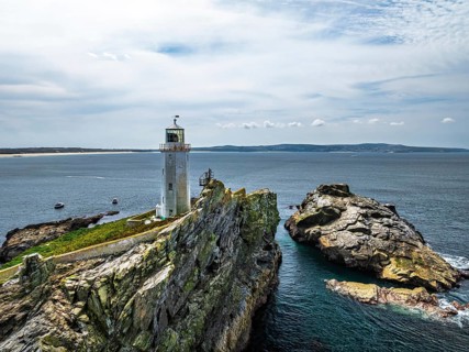 Godrevy Lighthouse from a drone, Godrevy Island, St Ives Bay, Cornwall, England, United Kingdom