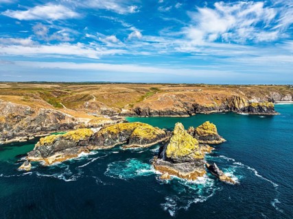 Kynance Cove from a drone, Mount's Bay, Lizard Point, Cornwall, England, United Kingdom
