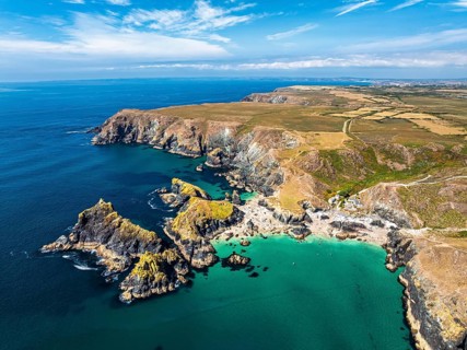 Kynance Cove from a drone, Mount's Bay, Lizard Point, Cornwall, England, United Kingdom