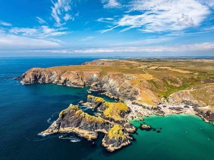 Kynance Cove from a drone, Mount's Bay, Lizard Point, Cornwall, England, United Kingdom