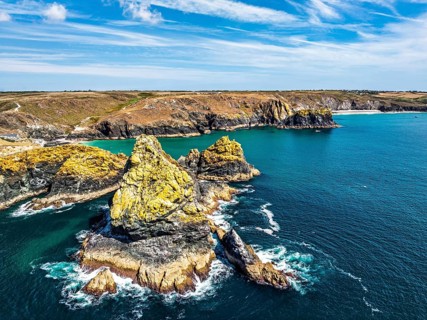 Kynance Cove from a drone, Mount's Bay, Lizard Point, Cornwall, England, United Kingdom