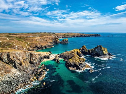 Kynance Cove from a drone, Mount's Bay, Lizard Point, Cornwall, England, United Kingdom