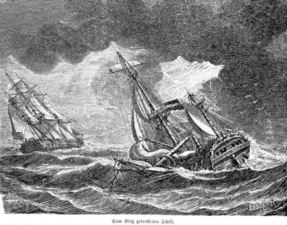 Ship struck by lightning, at sea, heavy seas, sailing ships, inventions in the 18th century,