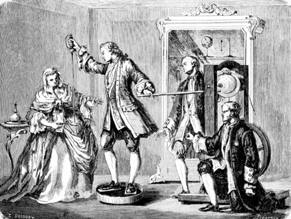 Ignition of spirit of wine by electric spark, insulating stool, rod, experiment, inventions in the