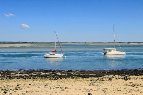 Boats off the Pen-Bron peninsula in the Gulf of Le Grand-Traict, Le Croisic, Loire-Atlantique, Pays