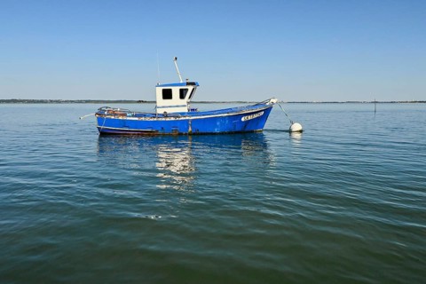Boat off the Pen-Bron peninsula in the Gulf of Le Grand-Traict, Le Croisic, Loire-Atlantique, Pays
