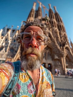 An elderly man takes an unflattering selfie with his smartphone in front of the Sagrada Familia in