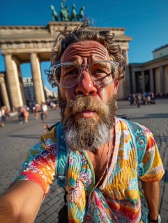 An elderly man takes an unflattering selfie with his smartphone in front of the Brandenburg Tor in