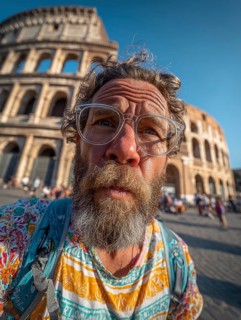 An elderly man takes an unflattering selfie with his smartphone in front of the Colosseum in Rome,