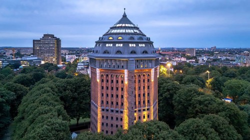 Aerial view of the ski jump tower in Sternschanzenpark zur Blauen Stunden, Hamburg, Germany