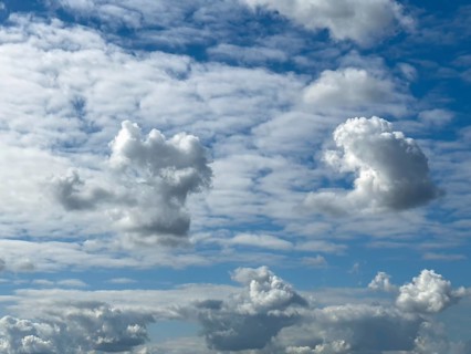 Several types of cumulus white clouds, cumulus clouds at the bottom edge of the picture, cumulus