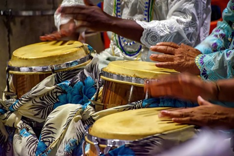 Decorated drums and atabaques during a religious festival of Umbanda in Brazil, Belo Horizonte,