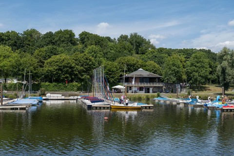 Boat hire at Heveney harbour, Oelbach, Lake Kemnader, Witten, Ruhr area, North Rhine-Westphalia,