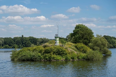 Lighthouse on the island on Lake Kemnader, Heveney, Witten, Ruhr area, North Rhine-Westphalia,