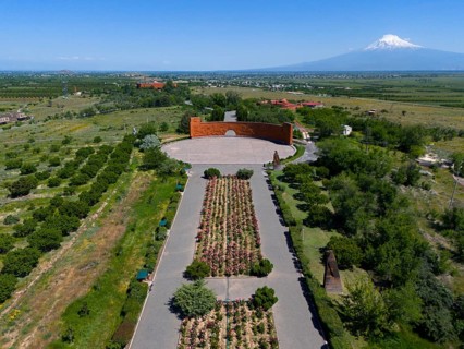 Landscape with symmetrical flower arrangements, a mountain in the background and a calm atmosphere,