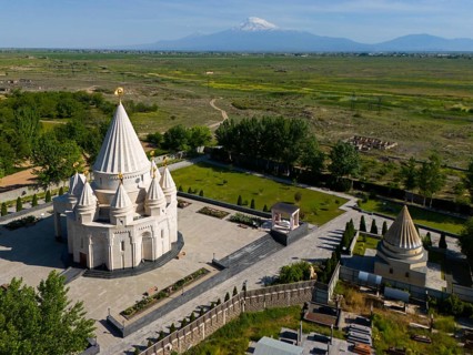 Religious temple in picturesque landscape with mountains in the background and calm atmosphere,