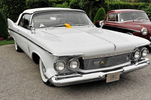Chrysler S Imperial Crown, Classic car, White classic car with an elegant vintage look on a gravel