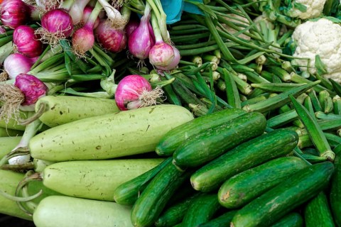 Udaipur, Rajasthan, North India, Asia, Fresh vegetables such as courgettes, onions, okra and