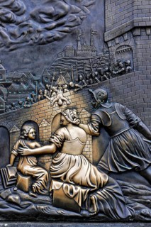 Prague, Czech Republic, Europe, Close-up of a medieval relief with figures and architectural
