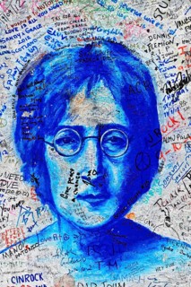 John Lennon wall, graffiti, Prague, Czech Republic, Europe, close-up of a blue portrait of John