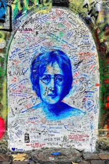 John Lennon wall, graffiti, Prague, Czech Republic, Europe, John Lennon's portrait in blue with