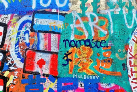John Lennon Wall, Graffiti, Prague, Czech Republic, Europe, Colourful graffiti wall with flags and