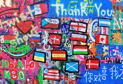 John Lennon Wall, Graffiti, Prague, Czech Republic, Europe, Graffiti with various flags and