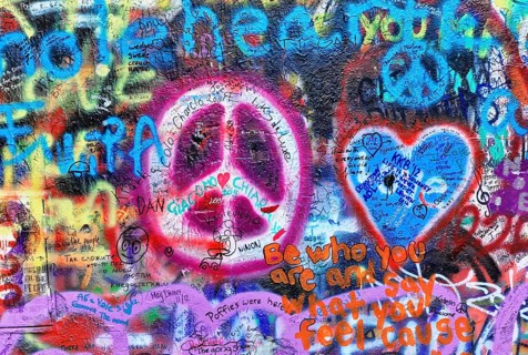 John Lennon Wall, Graffiti, Prague, Czech Republic, Europe, Colourful graffiti with peace and heart