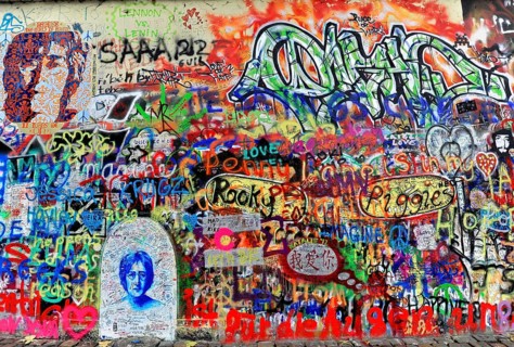 John Lennon Wall, Graffiti, Prague, Czech Republic, Europe, Colourful graffiti wall with portrait