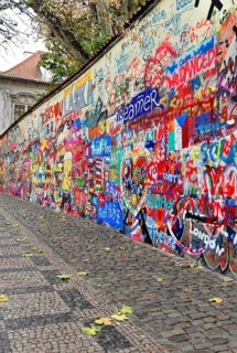 John Lennon Wall, Graffiti, Prague, Czech Republic, Europe, Long colourful graffiti wall in an