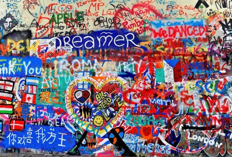 John Lennon Wall, Graffiti, Prague, Czech Republic, Europe, Living graffiti wall with various