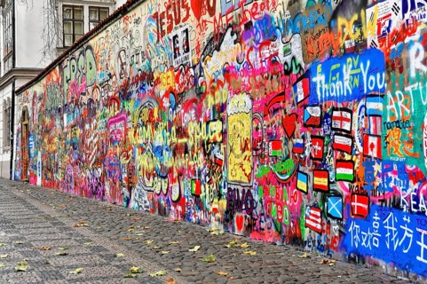 John Lennon Wall, Graffiti, Prague, Czech Republic, Europe, Long graffiti wall on a cobblestone